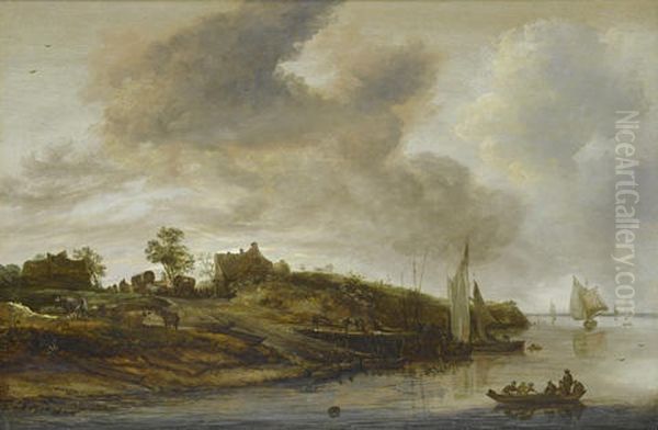 A River Landscape With A Ferry Approaching The Banks Oil Painting by Cornelis Simonsz van der Schalcke