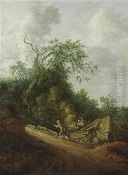 A Dune Landscape With A Shepherd And His Flock Oil Painting by Cornelis Simonsz van der Schalcke