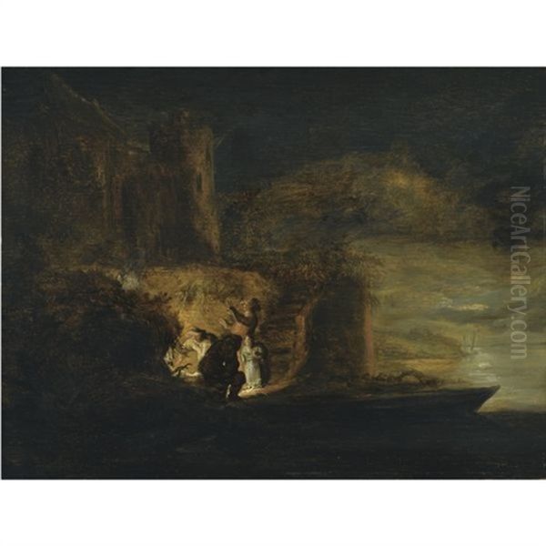 Figures Around A Fire On A River Bank Beneath A City Fortification At Night Oil Painting by Cornelis Simonsz van der Schalcke