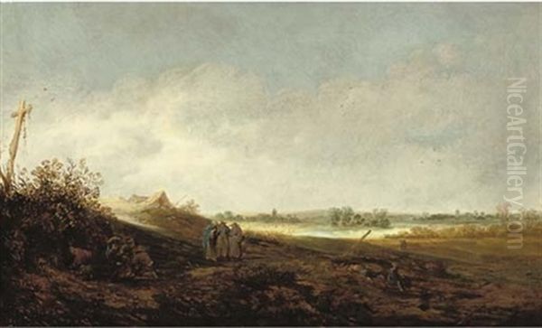 A Dune Landscape With Figures Conversing On A Path And Peasants Resting In The Foreground Oil Painting by Cornelis Simonsz van der Schalcke