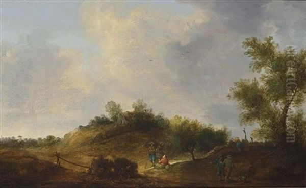 A Dune Landscape With Travellers Resting Near A Road Oil Painting by Cornelis Simonsz van der Schalcke