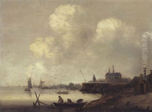 Hollandische Fluslandschaft Mit Booten, Im Hintergrund Eine Stadt Oil Painting by Cornelis Simonsz van der Schalcke