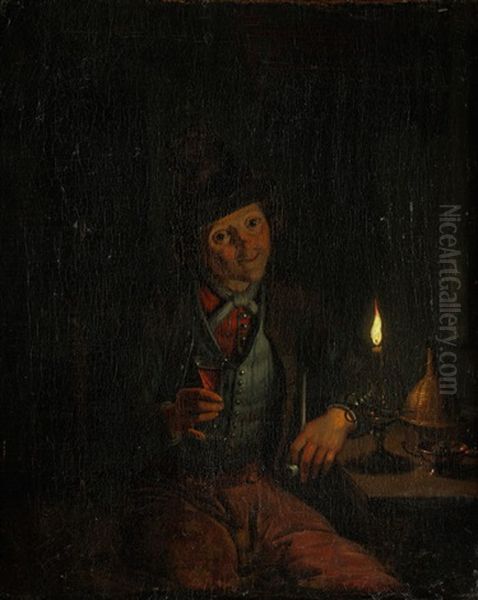 Mann Mit Meerschaumpfeife Und Glas Am Tisch Bei Kerzenlicht Oil Painting by Godfried Schalcken