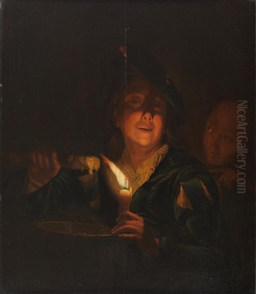 Figures By Candle Light With A Boy Eating Oil Painting by Godfried Schalcken