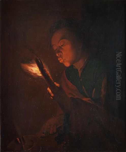 A Boy Blowing Out A Candle Oil Painting by Godfried Schalcken