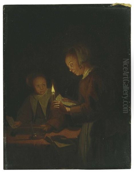 Two Maids By Candlelight Oil Painting by Godfried Schalcken