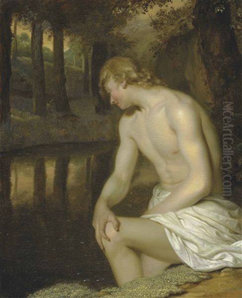 Narcissus Gazing At His Own Reflection Oil Painting by Godfried Schalcken