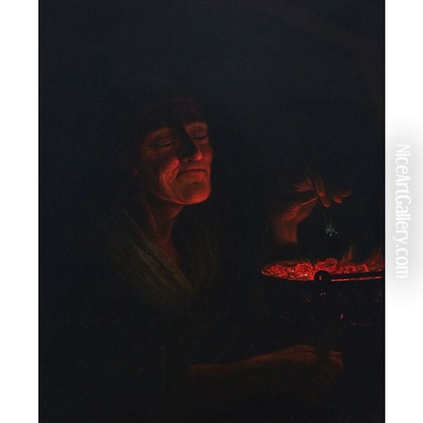 Old Woman By A Hot Pot Oil Painting by Godfried Schalcken