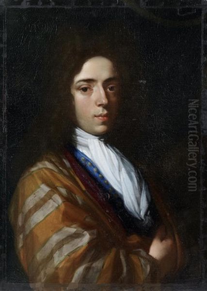 Portrait Of A Gentleman, Half-length, In A Blue Coat With A Gold Striped Wrap Oil Painting by Godfried Schalcken