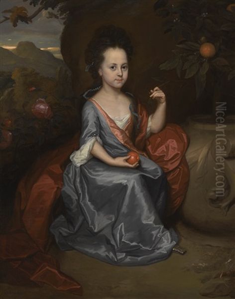 Portrait Of A Girl, Believed To Be Miss Anne Conslade, Wearing A Blue Dress With A Brown Mantle, Holding An Orange Oil Painting by Godfried Schalcken