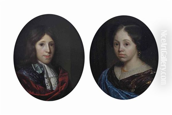 Portrait Of A Boy, Bust-length, In A Blue Embroidered Jacket, Cravat And Red Wrap; And Portrait Of A Girl, Bust-length, In Brown Embroidered Dress And A Blue Wrap Oil Painting by Godfried Schalcken