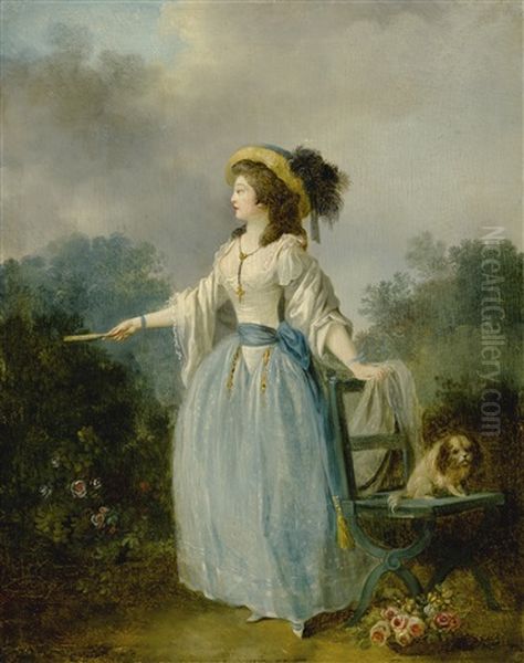 A Lady In A Garden With Her Dog Oil Painting by Jean-Frederic Schall