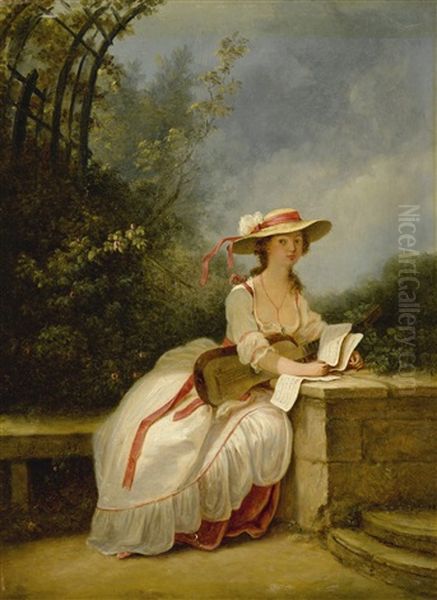 A Lady Seated In A Garden With A Guitar And Music Oil Painting by Jean-Frederic Schall