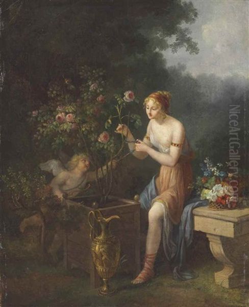 Venus And Cupid With A Rosebush Oil Painting by Jean-Frederic Schall