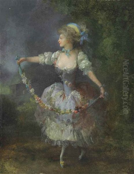 A Girl Dancing With A Garland Of Flowers Oil Painting by Jean-Frederic Schall