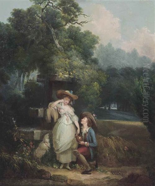 A Shepherd Courting A Shepherdess By A Fountain, With A Sheep, In A Wooded Landscape Oil Painting by Jean-Frederic Schall