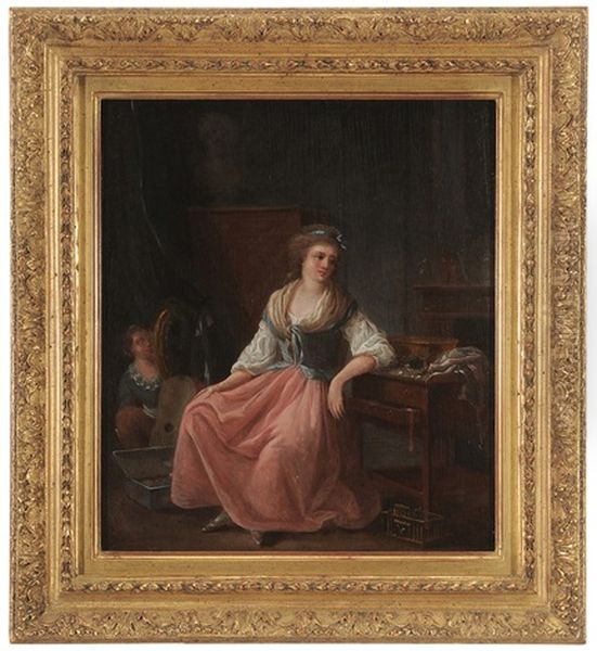 A Young Woman Seated At A Poudreuse (dressing Table), With Bird Nest And Cage, A Young Man Hiding Behind A Curtain Oil Painting by Jean-Frederic Schall