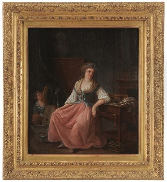 A Young Woman Seated At A Poudreuse (dressing Table) Oil Painting by Jean-Frederic Schall