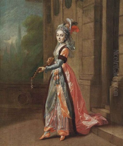 A Lady In A Fur Trimmed Red Costume And Feathered Hat, Playing An Instrument, Standing In A Courtyard Oil Painting by Jean-Frederic Schall