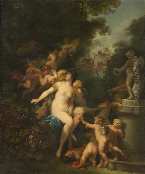 Venus Entouree D'une Ronde D'amours Pres D'un Buisson De Roses, Avec Cupidon Lui Decochant Une Fleche Oil Painting by Jean-Frederic Schall