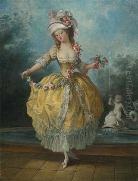 A Young Lady In A Garden, Holding A Garland Of Flowers Oil Painting by Jean-Frederic Schall