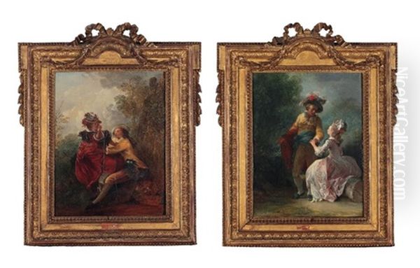 Scenes Galantes: La Cour (+ Les Fiancailles; 2 Works) Oil Painting by Jean-Frederic Schall