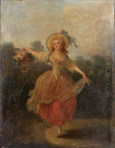 Jeune Femme Au Panier De Fleur Dansant Dans Un Jardin Oil Painting by Jean-Frederic Schall