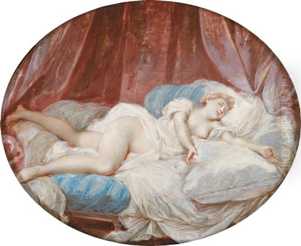 Interieur Mit Lasziv Auf Einem Bett Liegender Halbnackter Frau Oil Painting by Jean-Frederic Schall