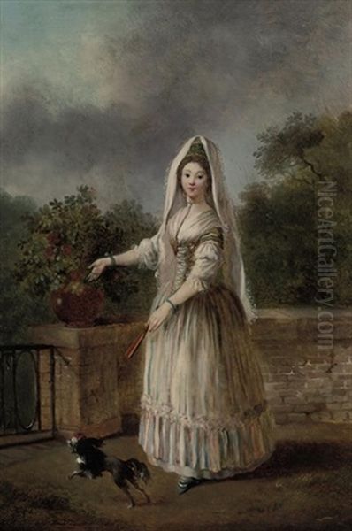 Portrait Of A Lady In Masquerade Dress, On A Terrace With A Spaniel Oil Painting by Jean-Frederic Schall