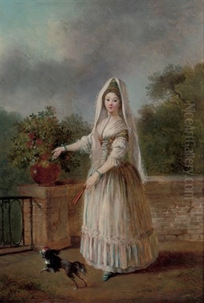 Portrait Of A Lady In Masquerade Dress, On A Terrace With A Spaniel Oil Painting by Jean-Frederic Schall