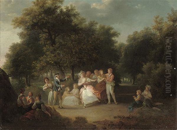 Elegant Company Playing Blind Man's Buff In A Wooded Landscape Oil Painting by Jean-Frederic Schall