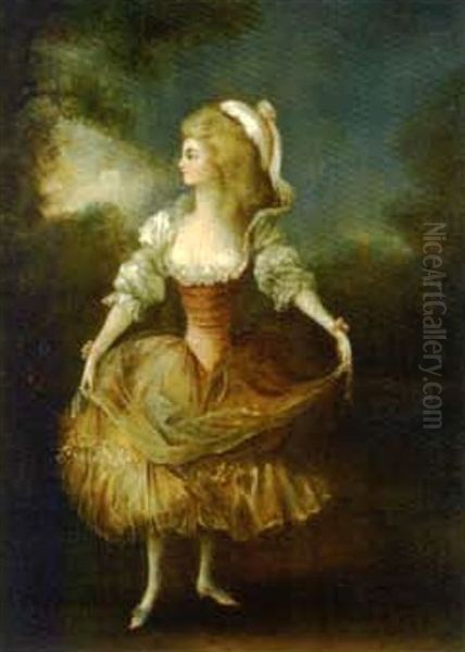 Jeune Femme De Profil Dans Un Parc Tenant Le Voile Qui Recouvre Sa Robe A Panier Oil Painting by Jean-Frederic Schall