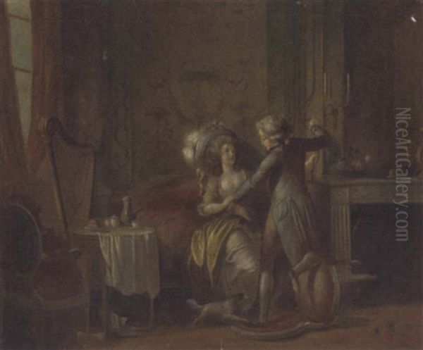 An Amorous Advance In An Interior Oil Painting by Jean-Frederic Schall