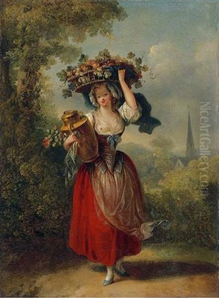 A Peasant Girl Carrying A Basket Of Fruit On Her Head Oil Painting by Jean-Frederic Schall