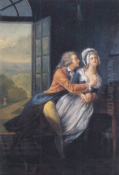 An Amorous Couple In An Interior Oil Painting by Jean-Frederic Schall