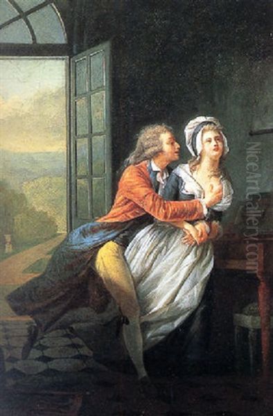 An Amorous Couple In An Interior Oil Painting by Jean-Frederic Schall