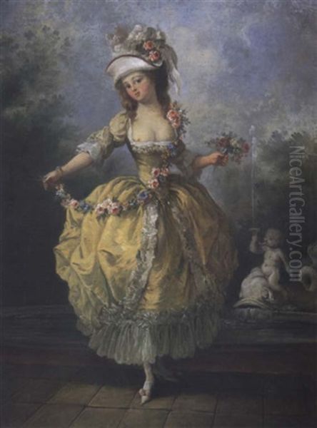 A Young Lady In A Garden Holding A Garland Of Flowers Oil Painting by Jean-Frederic Schall