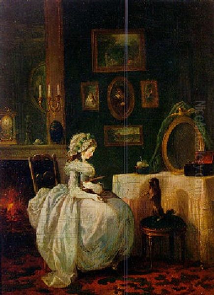 A Young Lady At Her Dressing Table With A Dog Oil Painting by Jean-Frederic Schall