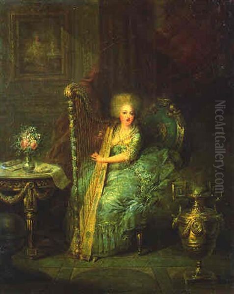 Portrait De Marie-antoinette Jouant De La Harpe Oil Painting by Jean-Frederic Schall