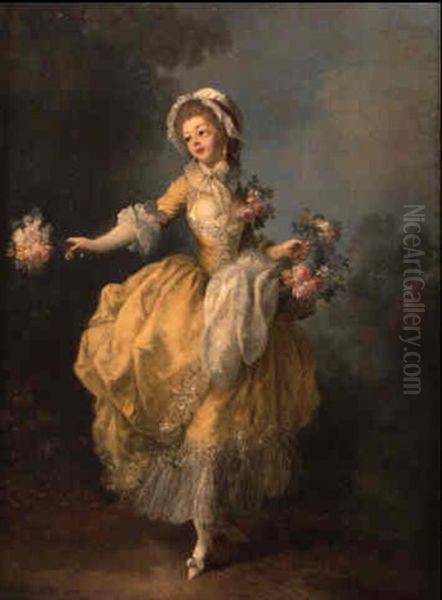 Bouquetiere Dansant, A La Robe Jaune, Le Corsage Orne De Roses Oil Painting by Jean-Frederic Schall