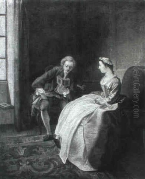 Gentleman Reading To A Lady In An Interior Oil Painting by Jean-Frederic Schall