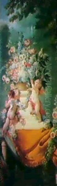 Putti With Omnumental Flower Arrangements Oil Painting by Jean-Frederic Schall