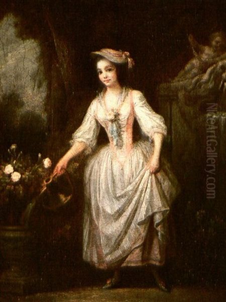 A Girl Watering Roses In A Garden Setting Oil Painting by Jean-Frederic Schall