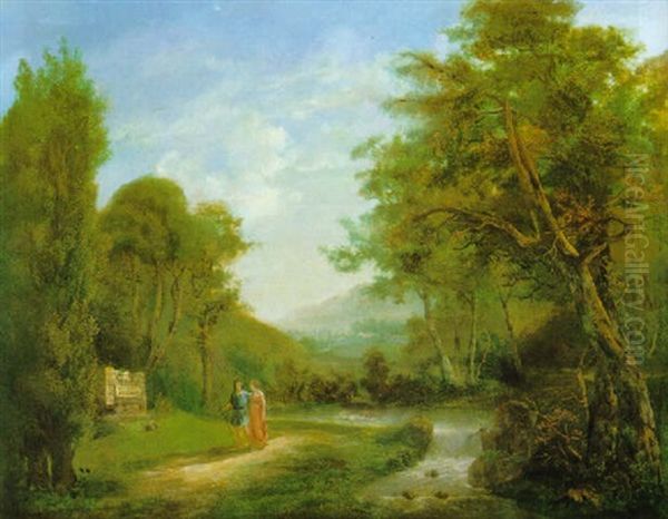 Liebespaar In Einer Arkadischen Landschaft, Auf Dem Steinernen Grabmahl Der Spruch Et In Arcadia Ego Oil Painting by Carl Philipp Schallhas