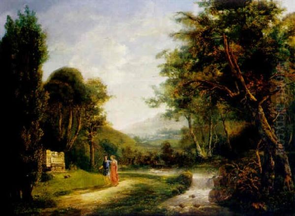 Arkadische Landschaft Mit Jungem Paar Am Ufer Eines Kleinen Baches Mit Katarakt Oil Painting by Carl Philipp Schallhas