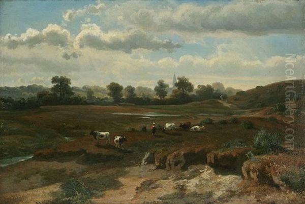 Cowherd With Flock On Heathland With Bell Tower In The Distance Oil Painting by Edmond De Schampheleer