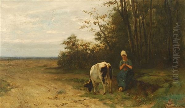 Jeune Bergere Et Vache Dans Un Paysage Oil Painting by Edmond De Schampheleer