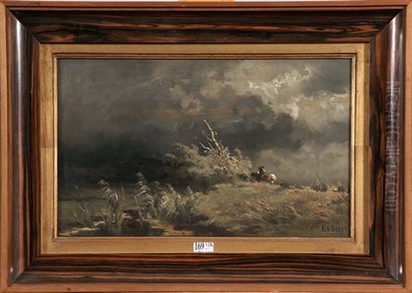 Effet D'orage Sur La Digue Du Wahaal (hollande) Oil Painting by Edmond De Schampheleer