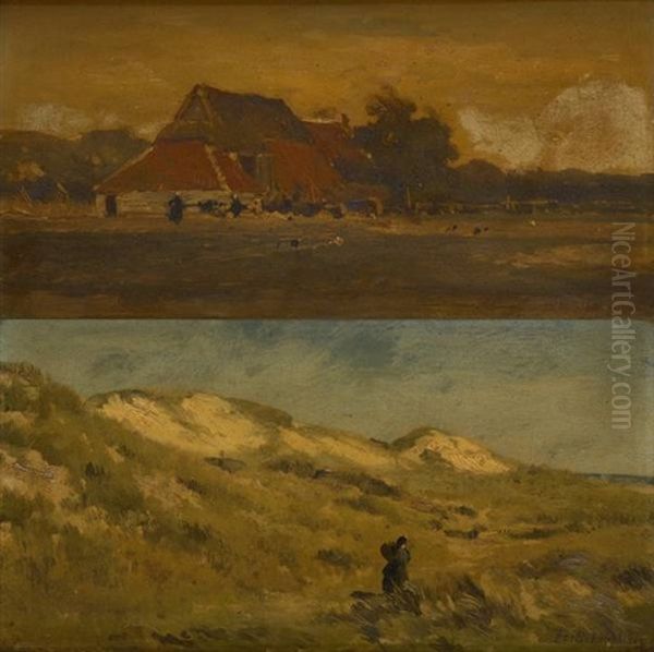 Dunes Et Ferme Animee (2 Works) Oil Painting by Edmond De Schampheleer