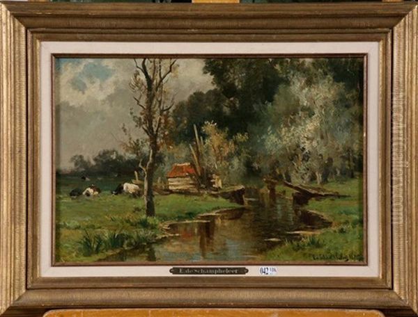 Vaches Au Bord De L'eau Oil Painting by Edmond De Schampheleer